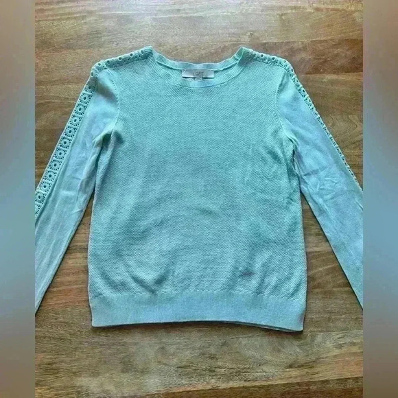 LOFT Mint Knit Pullover Sweater with Crochet Sleeves | Size XS - Picture 9 of 14